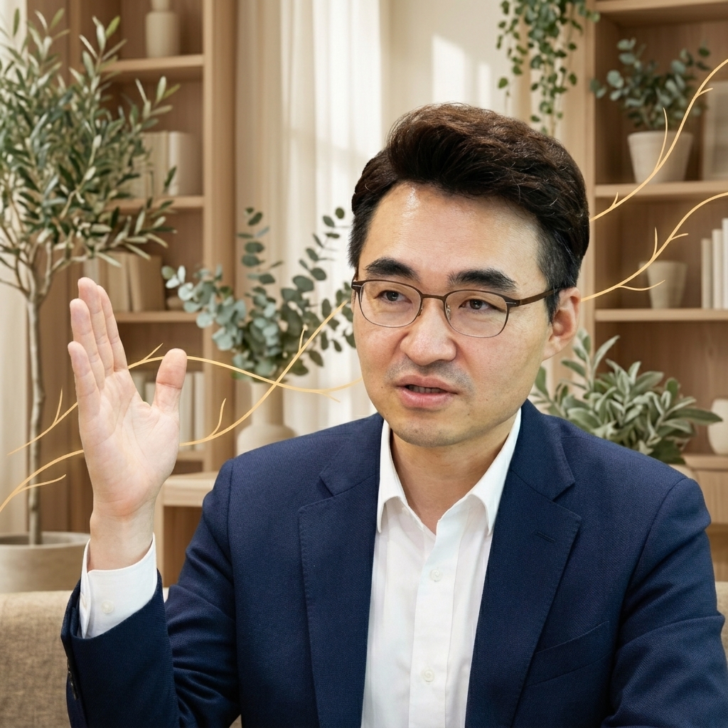 손짓하며 설명하는 염승환. 식물이 어우러진 세이지 톤의 서재를 배경으로 한다.