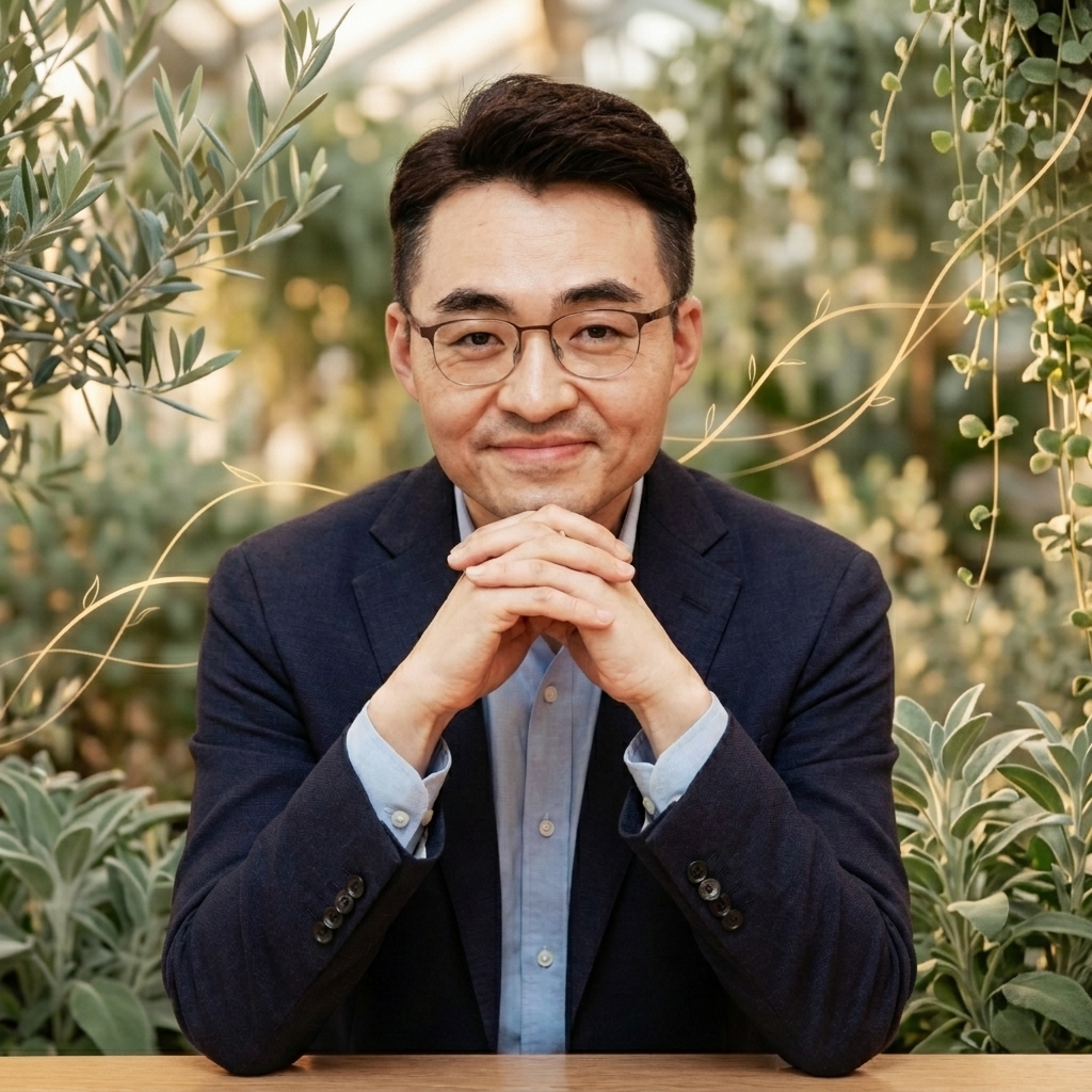 사색하는 표정의 염승환. 세이지 가든 온실을 배경으로 앉아 있다.